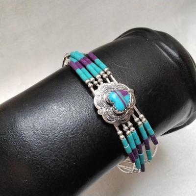 Purple Turquoise And Turquoise Zuni Lapidary Art Liquid Sterling Silver 6.5" Bracelet
