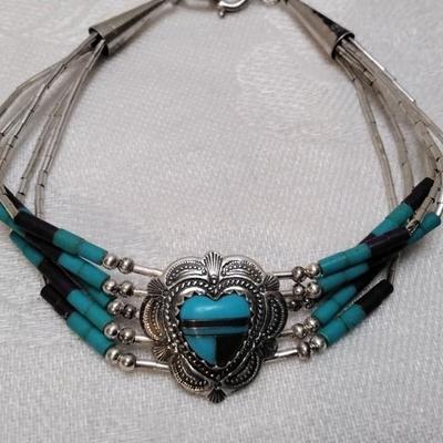 Purple Turquoise And Turquoise Zuni Lapidary Art Liquid Sterling Silver 6.5" Bracelet