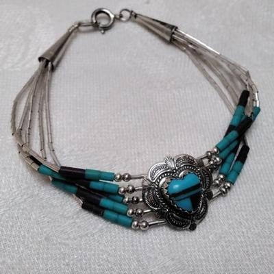 Purple Turquoise And Turquoise Zuni Lapidary Art Liquid Sterling Silver 6.5" Bracelet