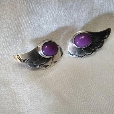 Vintage Navajo Signed Sugilite Clip On Earrings