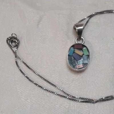 Gemstone Inlay Taxco Silver Pendant 18" Italian Necklace