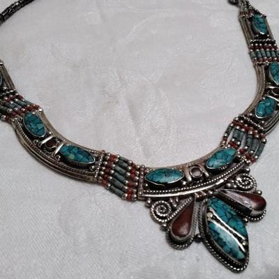 Vintage Turquoise and Coral Bib 925 Necklace