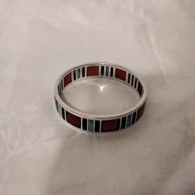 Vintage Signed Navajo Turquoise, Red Turquoise and Lapis Lazuli 925 Bracelet