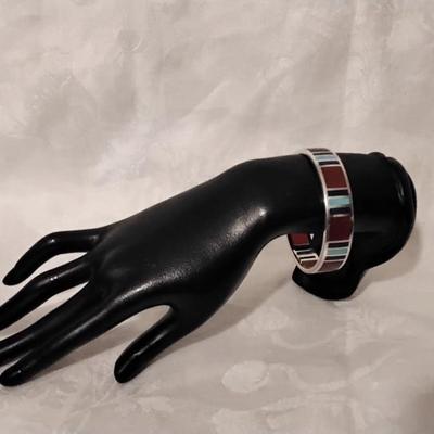 Vintage Signed Navajo Turquoise, Red Turquoise and Lapis Lazuli 925 Bracelet