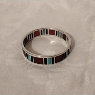 Vintage Signed Navajo Turquoise, Red Turquoise and Lapis Lazuli 925 Bracelet