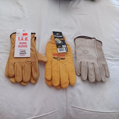 NEW LEATHER AND CLOTH MEN'S GLOVES (LARGE) PLUS LEATHER JOHN DEERE GLOVES