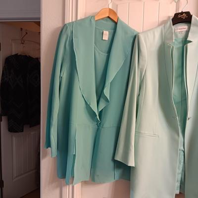 TEAL PENDLETON SUEDE JACKET, CALVIN KLEIN BLAZER AND A SHEER BLOUSE SIZE LARGE