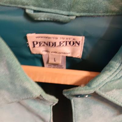 TEAL PENDLETON SUEDE JACKET, CALVIN KLEIN BLAZER AND A SHEER BLOUSE SIZE LARGE