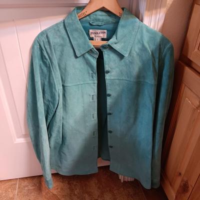 TEAL PENDLETON SUEDE JACKET, CALVIN KLEIN BLAZER AND A SHEER BLOUSE SIZE LARGE
