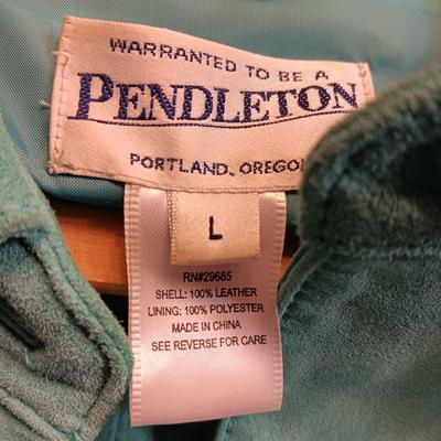 TEAL PENDLETON SUEDE JACKET, CALVIN KLEIN BLAZER AND A SHEER BLOUSE SIZE LARGE