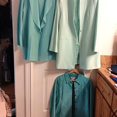 TEAL PENDLETON SUEDE JACKET, CALVIN KLEIN BLAZER AND A SHEER BLOUSE SIZE LARGE