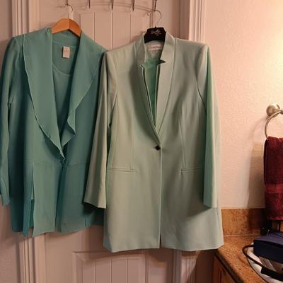 TEAL PENDLETON SUEDE JACKET, CALVIN KLEIN BLAZER AND A SHEER BLOUSE SIZE LARGE