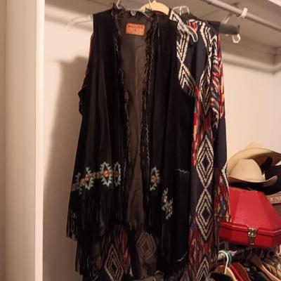 LADIES COWGIRL JACKET (M) PATRICIA WOLF LONG LEATHER VEST AND LONG SWEATER (L)