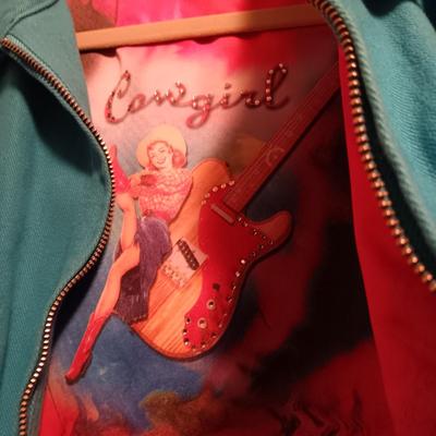 LADIES COWGIRL JACKET (M) PATRICIA WOLF LONG LEATHER VEST AND LONG SWEATER (L)