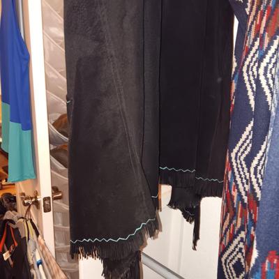 LADIES COWGIRL JACKET (M) PATRICIA WOLF LONG LEATHER VEST AND LONG SWEATER (L)
