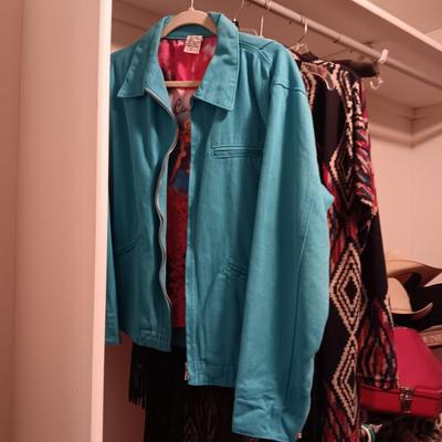 LADIES COWGIRL JACKET (M) PATRICIA WOLF LONG LEATHER VEST AND LONG SWEATER (L)