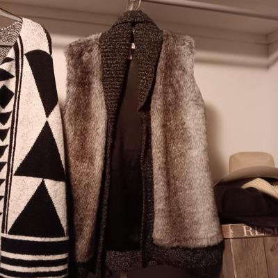 DAVID KAHN LONG SWEATER (L) AND CRIPPLE CREEK FAUX FUR VEST (XL)