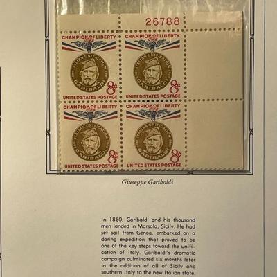 Giuseppe Garibaldi 1960 Mint Condition US Stamp Plate Blocks Page as Pictured. Only One $5 Shipping Charge for 1 or 100 Pages Won.