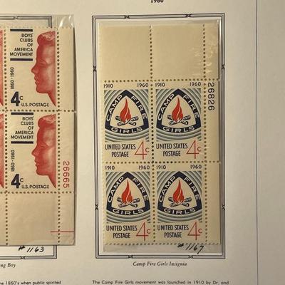 Boys Club of America & Camp Fire Girls 1960 Mint Condition US Stamp Plate Blocks Page as Pictured. Only One $5 Shipping Charge for 1...