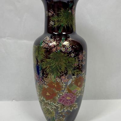 Antique Vintage Japanese Porcelain Vase w/Multi-Colored Flowers and Bird 12"