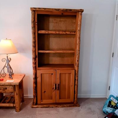 PINE LOG SHELF WITH CABINET