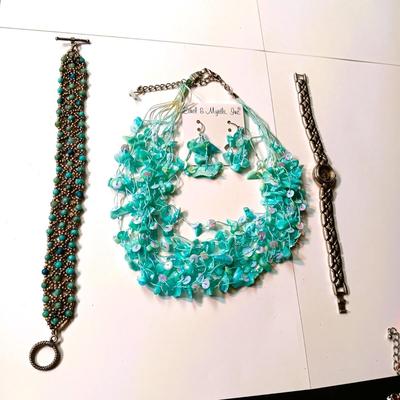 MATCHING NECKLACE AND EARRINGS, BRACELET AND WATCH