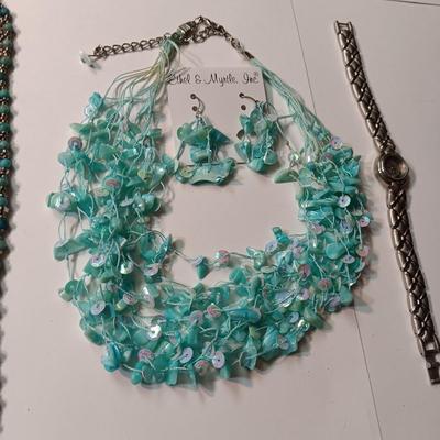 MATCHING NECKLACE AND EARRINGS, BRACELET AND WATCH