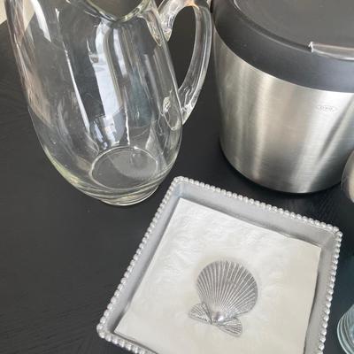 Sale Photo Thumbnail #368: Glass pitcher, shot glass, ice bucket with tongs, napkin holder, double old fashioned Martha Stewart glasses new in box