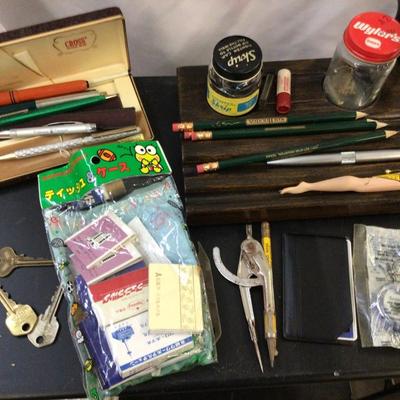 Ink Pens, Wood Pen Holder, Matches, Keys, Solar Calculator and More