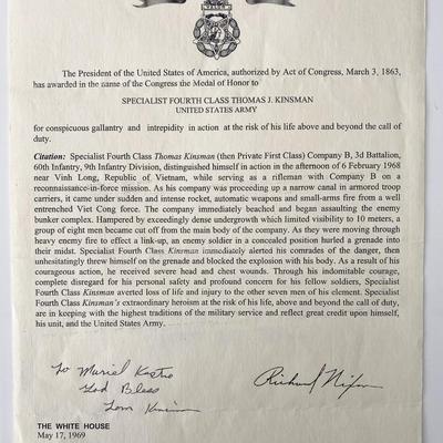 Medal of Honor Recipient Thomas James Kinsman and Richard Nixon signed letter