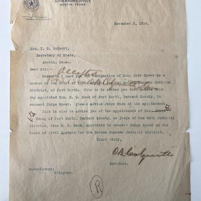 Governor of Texas Oscar Branch Colquitt 1914 signed letter