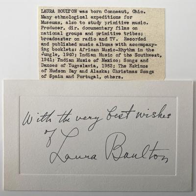 Ethnomusicologist Laura Boulton signed note and bio