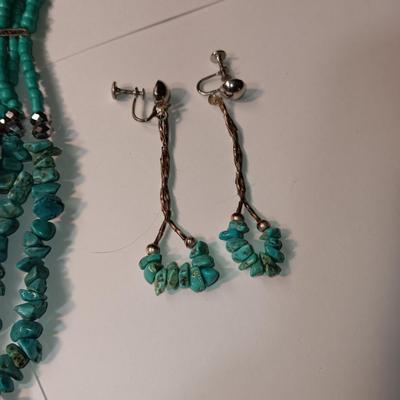 TURQUOISE COLORED BEADED NECKLACE, EARRINGS AND WATCH W/BAND