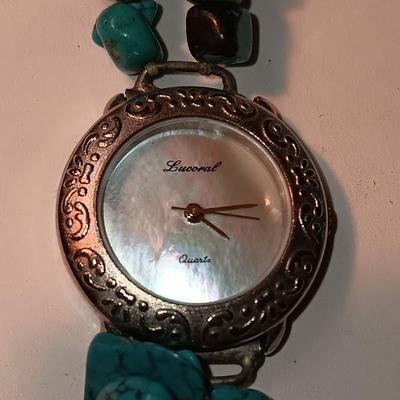 TURQUOISE COLORED BEADED NECKLACE, EARRINGS AND WATCH W/BAND