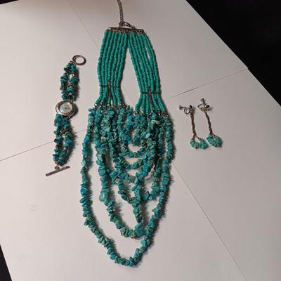 TURQUOISE COLORED BEADED NECKLACE, EARRINGS AND WATCH W/BAND