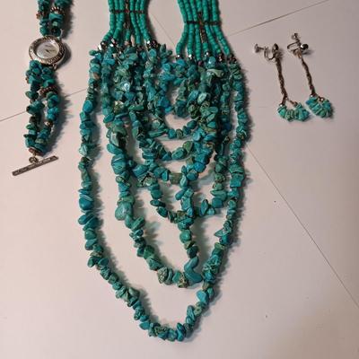 TURQUOISE COLORED BEADED NECKLACE, EARRINGS AND WATCH W/BAND