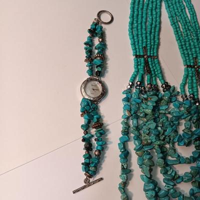 TURQUOISE COLORED BEADED NECKLACE, EARRINGS AND WATCH W/BAND
