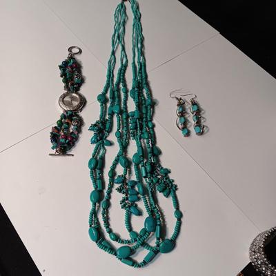 TURQUOISE NECKLACE, EARRINGS AND WATCH W/BAND