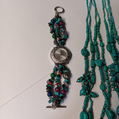 TURQUOISE NECKLACE, EARRINGS AND WATCH W/BAND