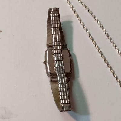 STERLING SILVER CHAIN, FAUX PEARL BRACELET AND WATCH