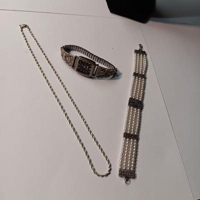 STERLING SILVER CHAIN, FAUX PEARL BRACELET AND WATCH