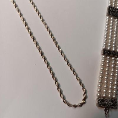 STERLING SILVER CHAIN, FAUX PEARL BRACELET AND WATCH