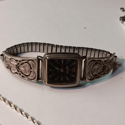 STERLING SILVER CHAIN, FAUX PEARL BRACELET AND WATCH