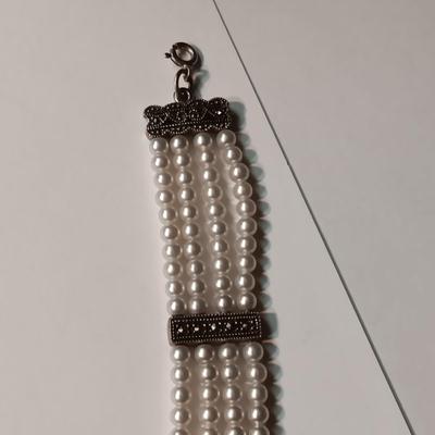 STERLING SILVER CHAIN, FAUX PEARL BRACELET AND WATCH