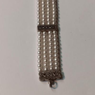 STERLING SILVER CHAIN, FAUX PEARL BRACELET AND WATCH