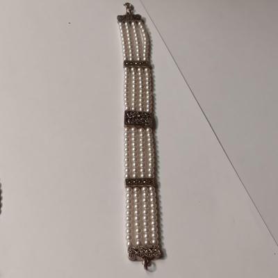 STERLING SILVER CHAIN, FAUX PEARL BRACELET AND WATCH