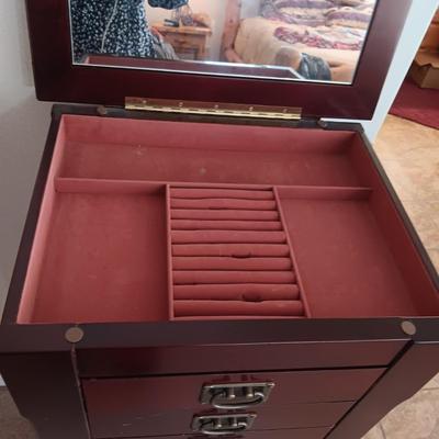 JEWELRY ARMOIRE W/8 DRAWERS, SIDE DOORS FOR NECKLACES AND LIFT UP TOP W/MIRROR