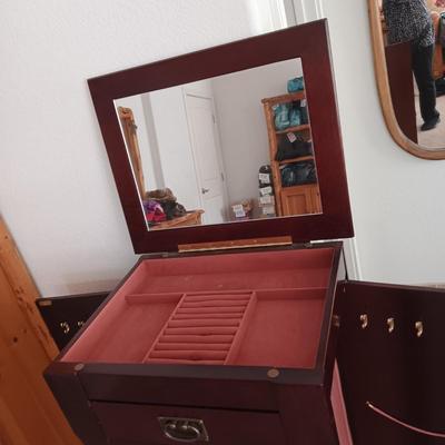 JEWELRY ARMOIRE W/8 DRAWERS, SIDE DOORS FOR NECKLACES AND LIFT UP TOP W/MIRROR