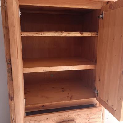PINE LOG BEDROOM ARMOIRE W/3 DOVETAILED DRAWERS AND SHELVING BEHIND CABINETS