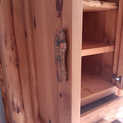 PINE LOG BEDROOM ARMOIRE W/3 DOVETAILED DRAWERS AND SHELVING BEHIND CABINETS